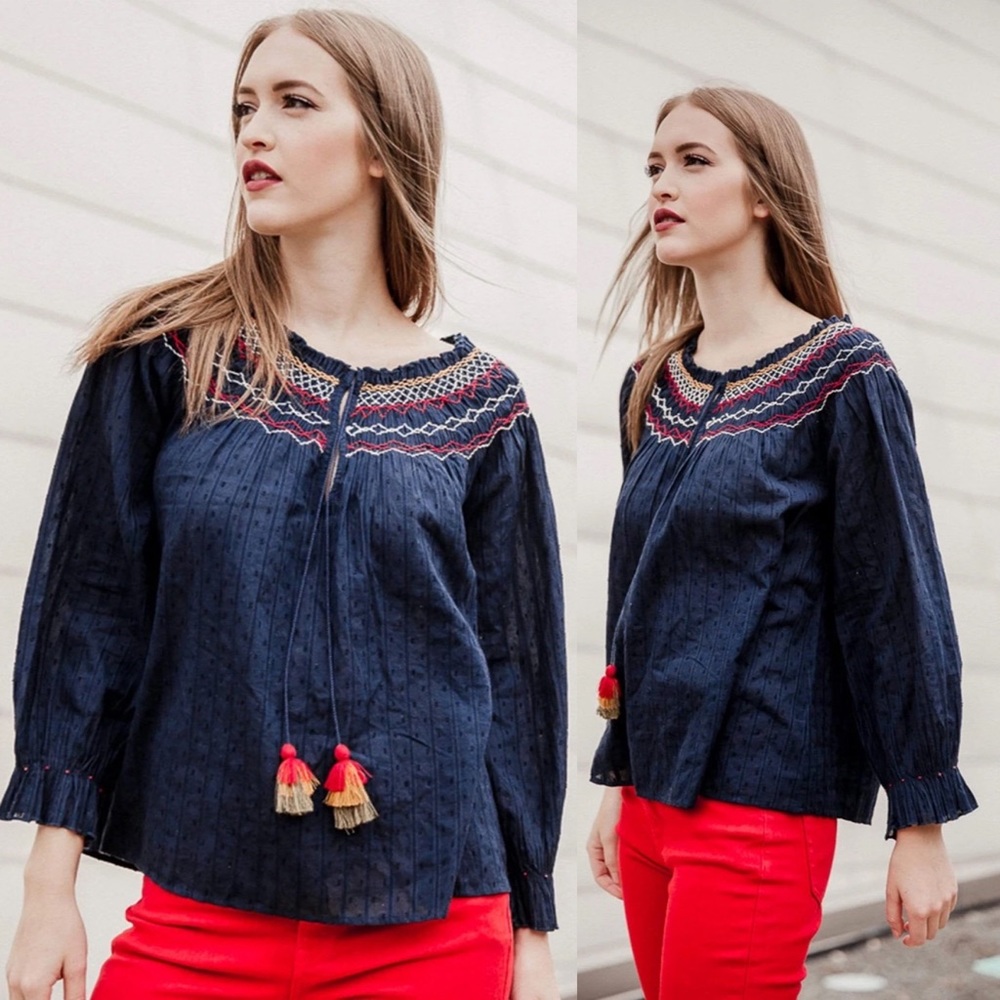 Velvet By Graham & Spencer Trudie Embroidered Smocked Long Sleeve Blouse